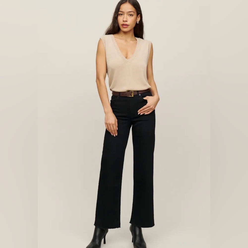 REFORMATION JEANS Emma High Rise Wide Leg Jeans Raw Hem Faded Black 29